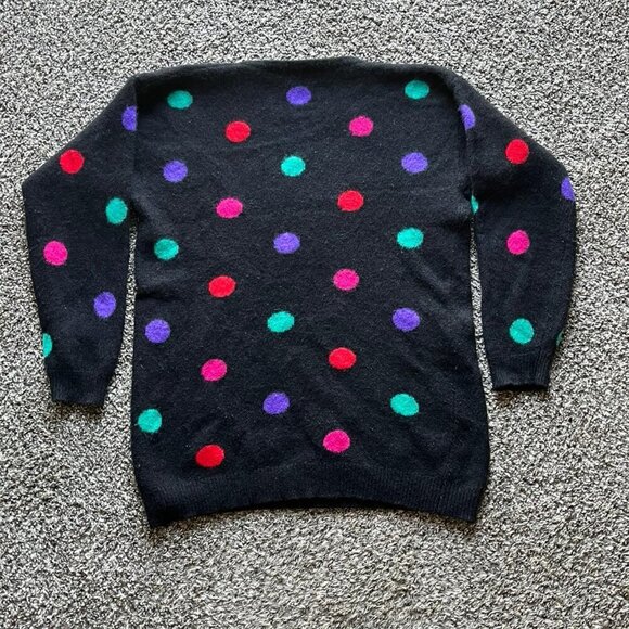 Black Chunky Sweater With Mutlicolored Polka Dots Med Lambswool Sweater Pullover - Picture 3 of 7